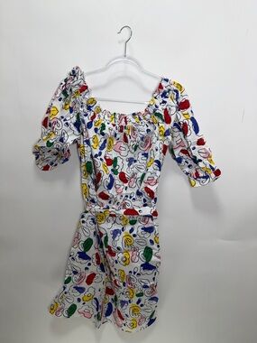 White Floral Multicolor Puff Sleeve Dress